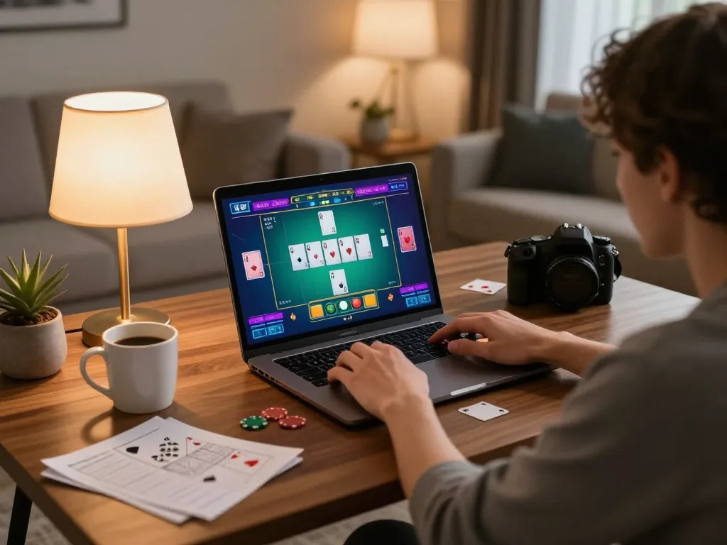 Engaging in online poker at home via https://rr88.navy/ with a warm ambiance and cozy decor.