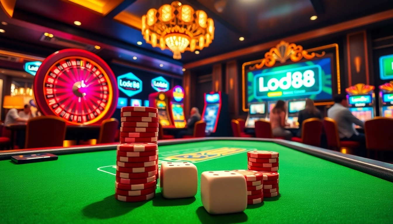Lode 88 gaming scene with poker chips, roulette wheel, and vibrant slot machines enhancing online gambling excitement.