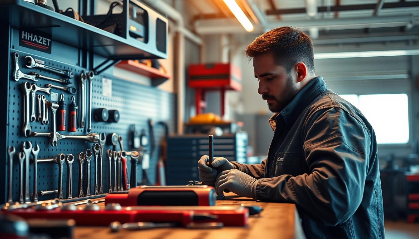 High-quality Hazet tools USA displayed in a professional automotive workshop.