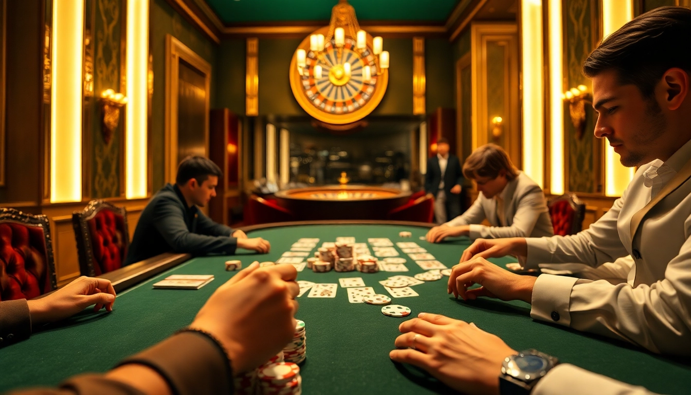 Engaging players at RR88's high-stakes poker table amidst a luxurious casino atmosphere.