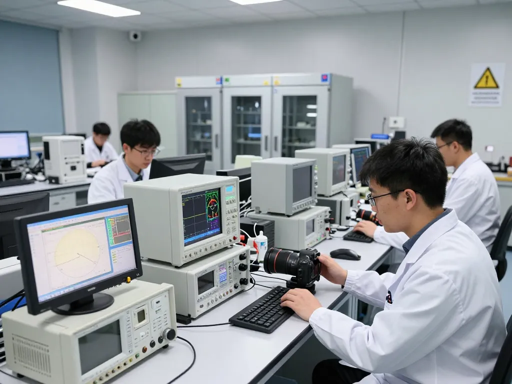 Engineers conducting FCC EMC testing in a high-tech lab for compliance.