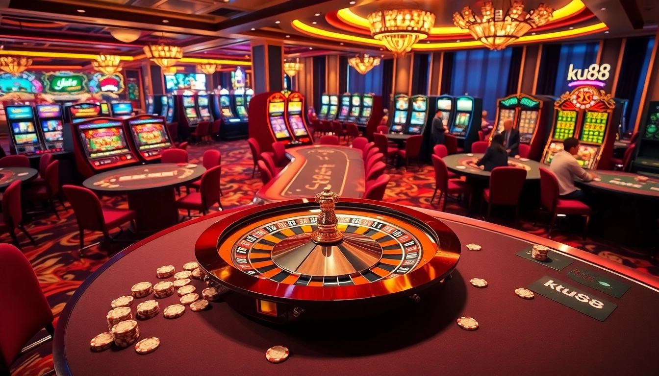 ku88 thrilling casino experience with vibrant gaming tables and roulette wheel.