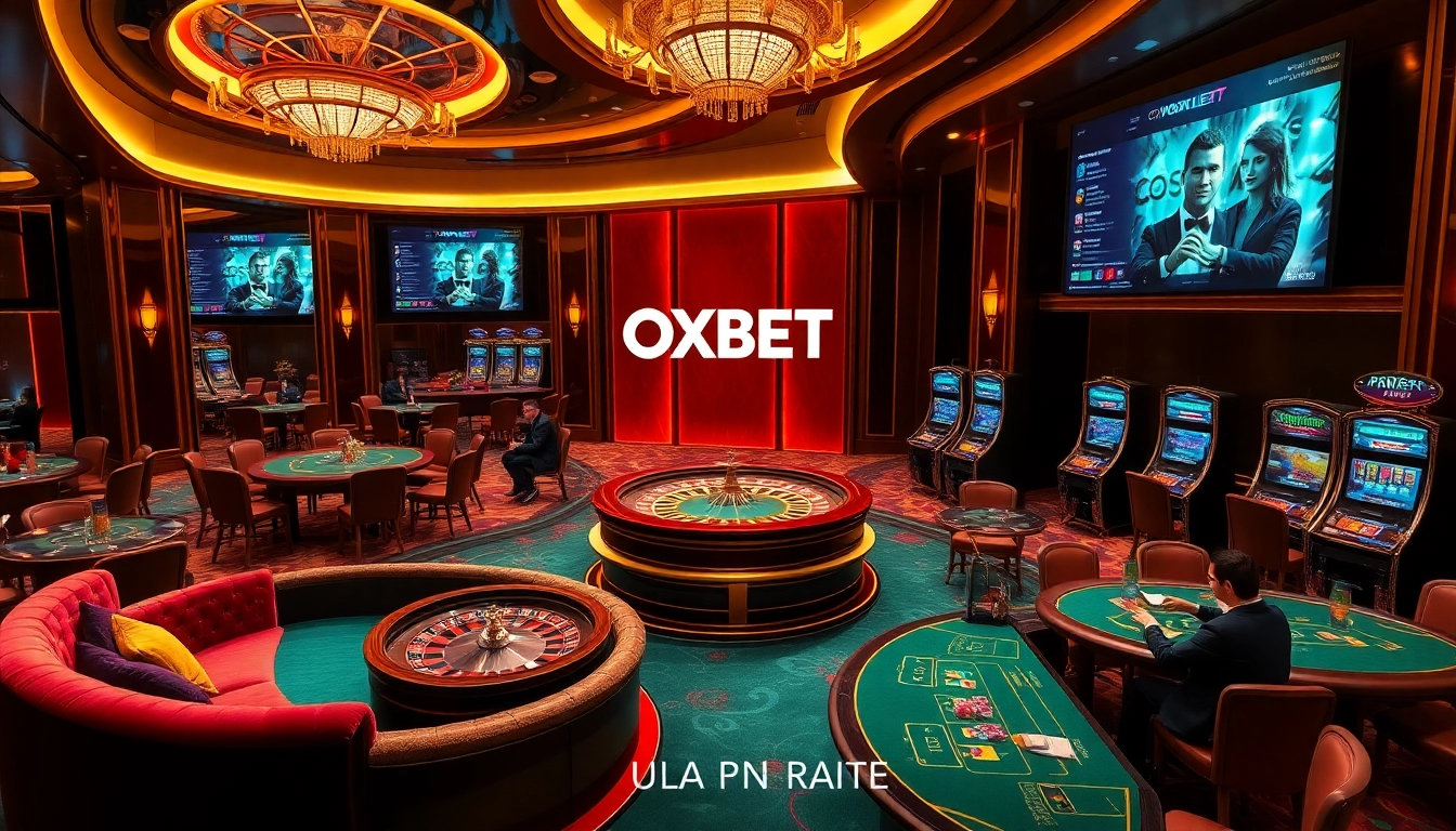 Experience luxurious gambling at OXBET with an elegant casino scene showcasing roulette, cards, and online betting.