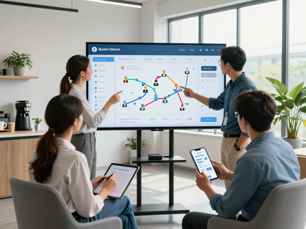 Team discussing queue management software analytics on a touchscreen in a modern office.