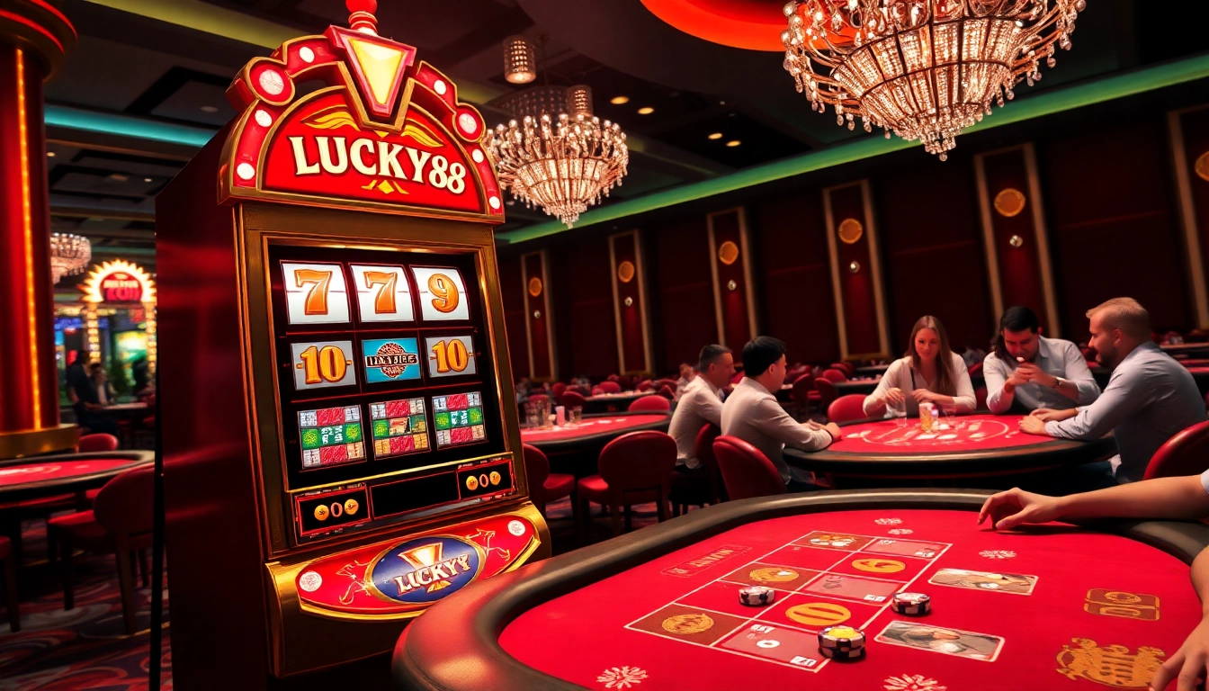 Players enjoying the LUCKY88 slot machine surrounded by casino excitement and vibrant lights.