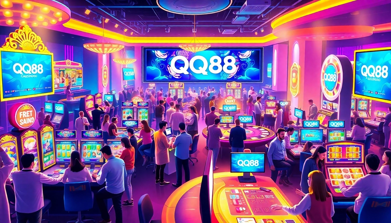 Exciting QQ88 online casino scene featuring diverse players enjoying vibrant digital gaming.