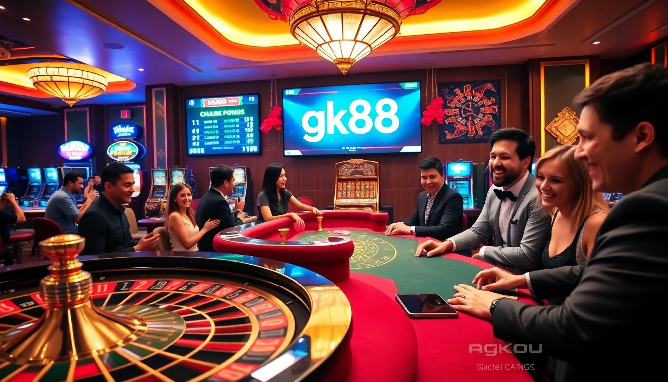 Experience the thrill at gk88's vibrant casino tables with poker chips and roulette wheels.