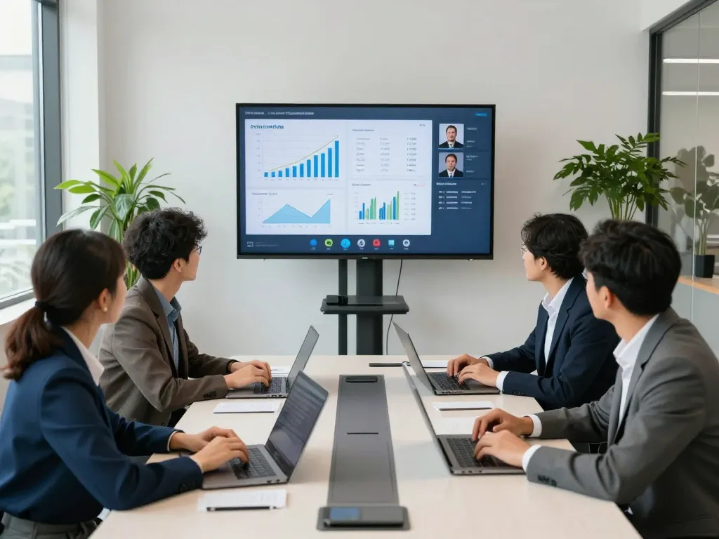 Team using a virtual AI receptionist system in a modern office environment with real-time metrics displayed.