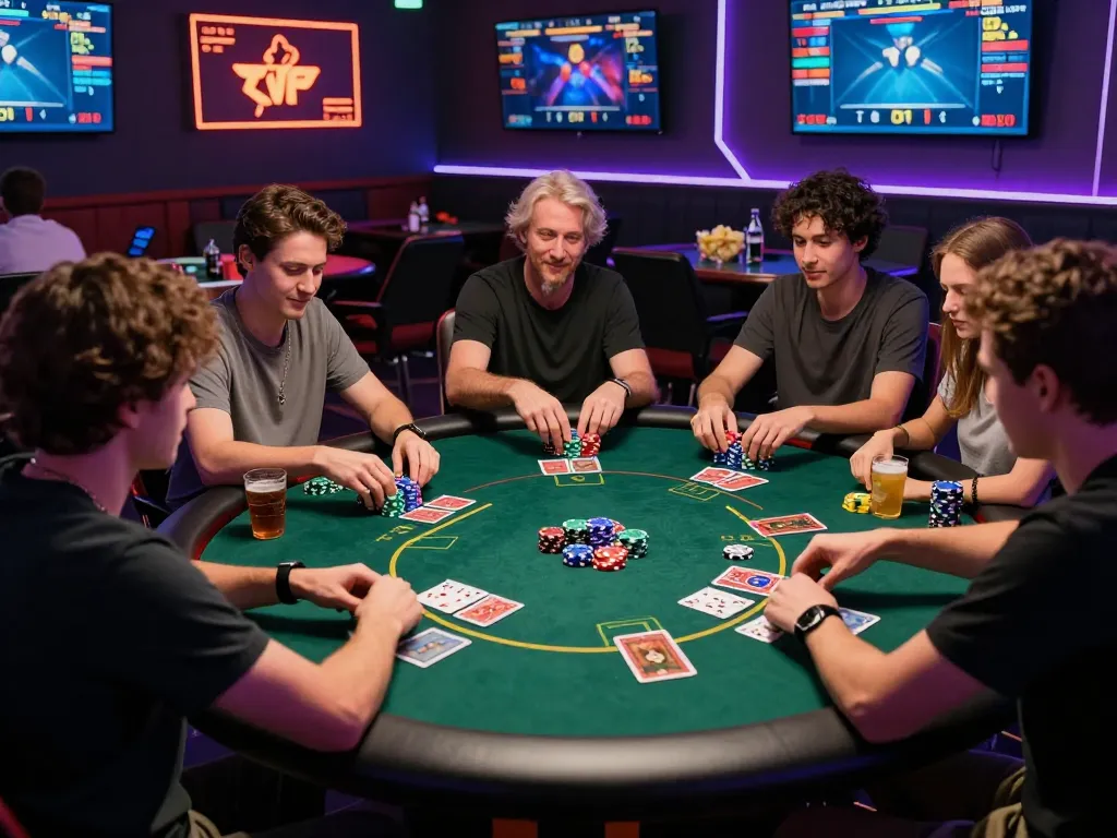 Engaging scene of diverse players enjoying rikvip poker and blackjack games in a vibrant online gaming setting.