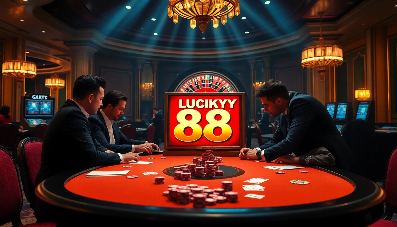 Players celebrating wins on the Lucky 88 slot machine in an upscale casino.