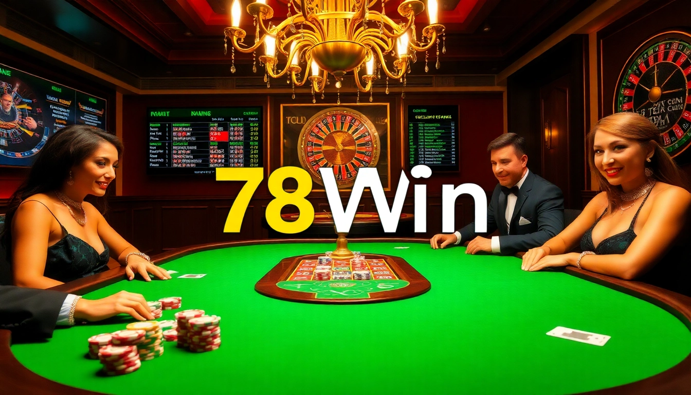 Gamblers enjoying a thrilling game at 78Win's luxury casino setting with poker chips and cards.