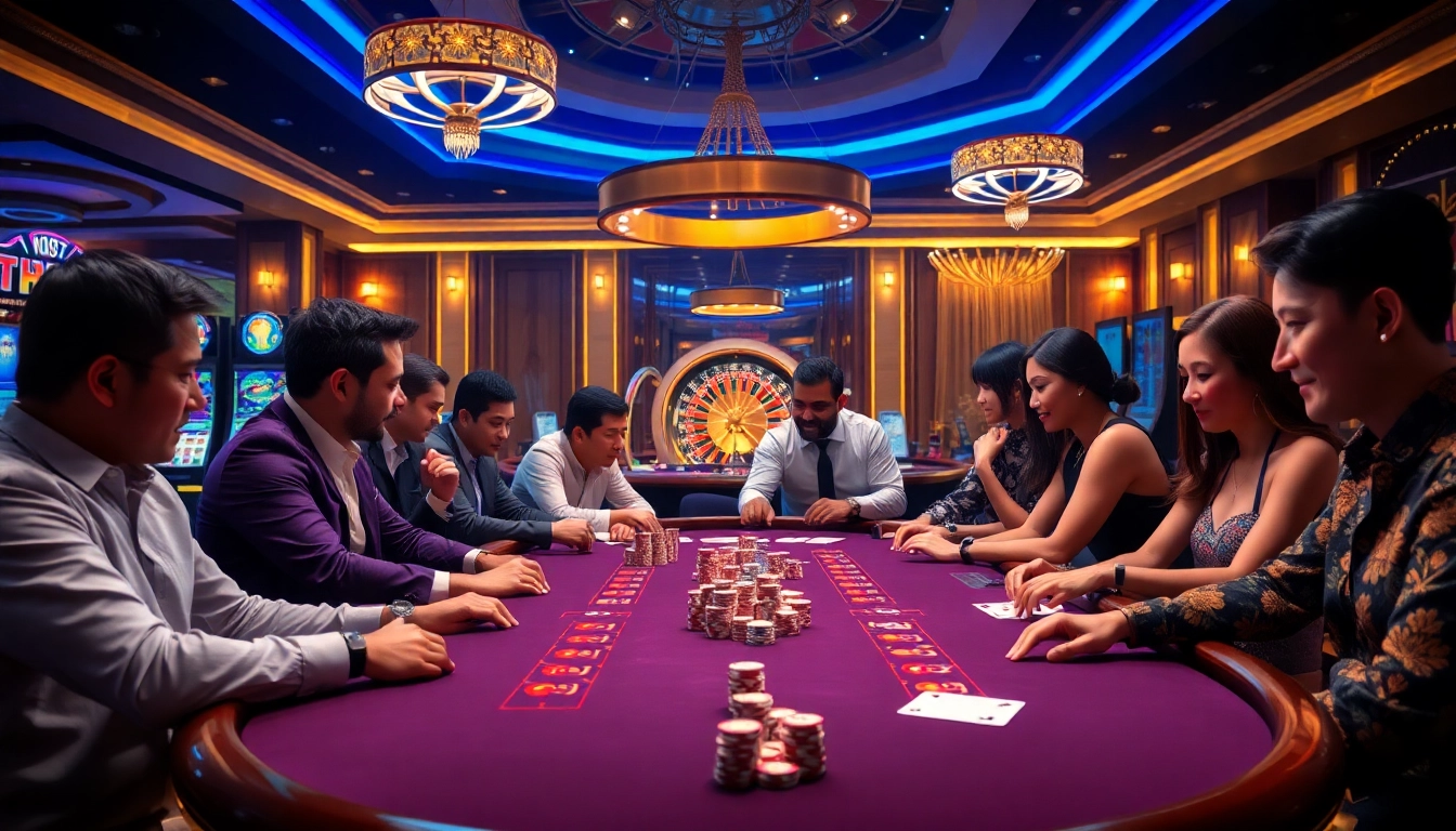 Players enjoying a thrilling game of poker at pg88 casino with vibrant lights and excitement.