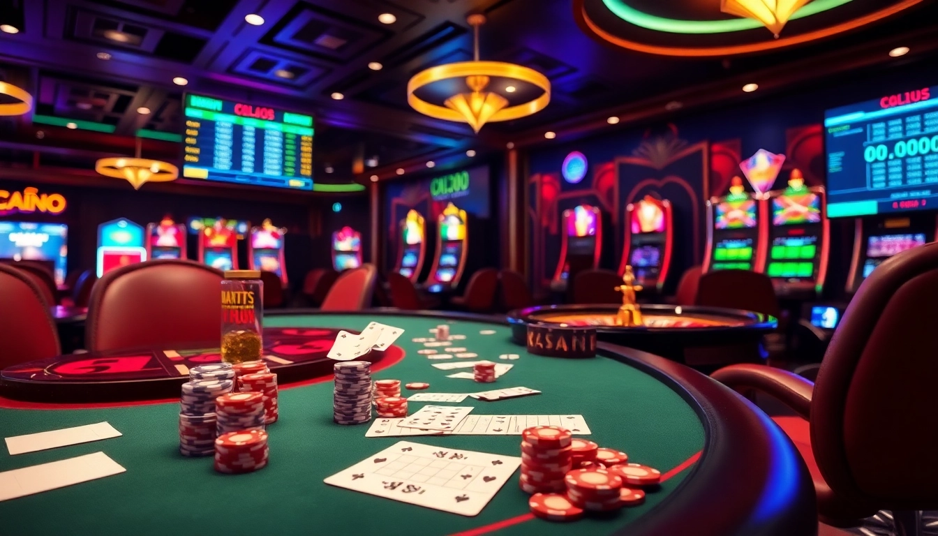Exciting casino scene emphasizing keonhacai with poker chips, roulette wheel, and betting slips.