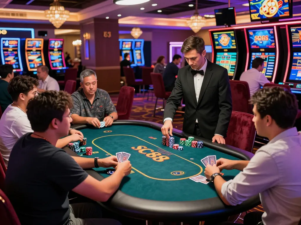 Exciting gaming atmosphere at SC88 casino with diverse players enjoying poker.