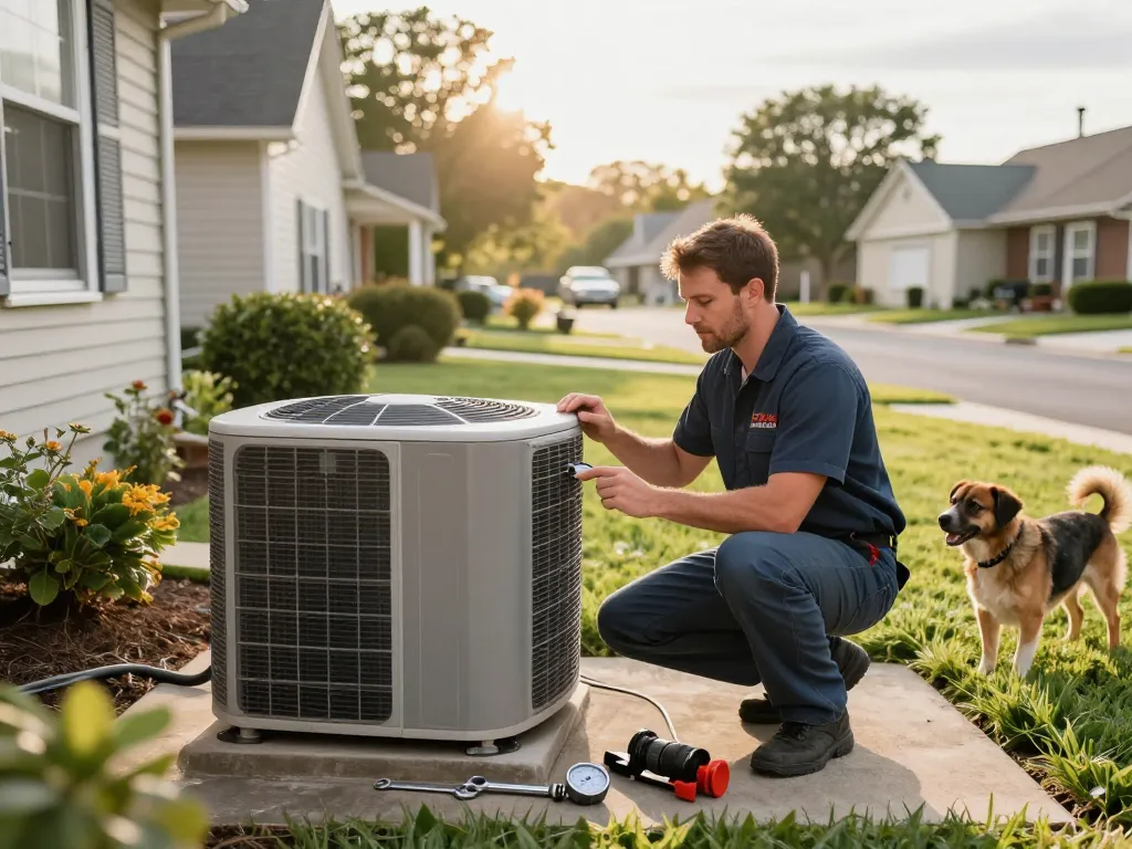 HVAC technician inspecting an air conditioning unit outdoors, showcasing expert home repair services.