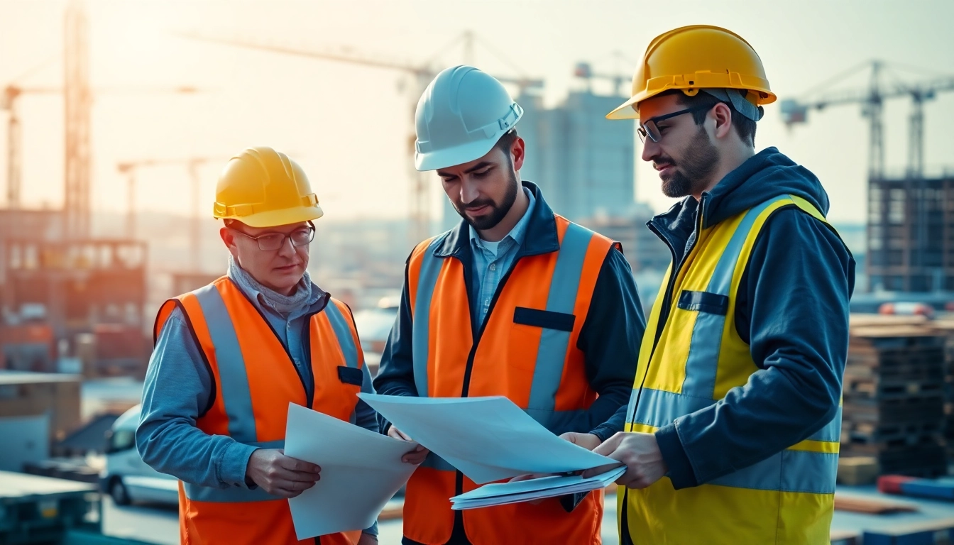 Workers reviewing documents for construction labor compliance at an active site.