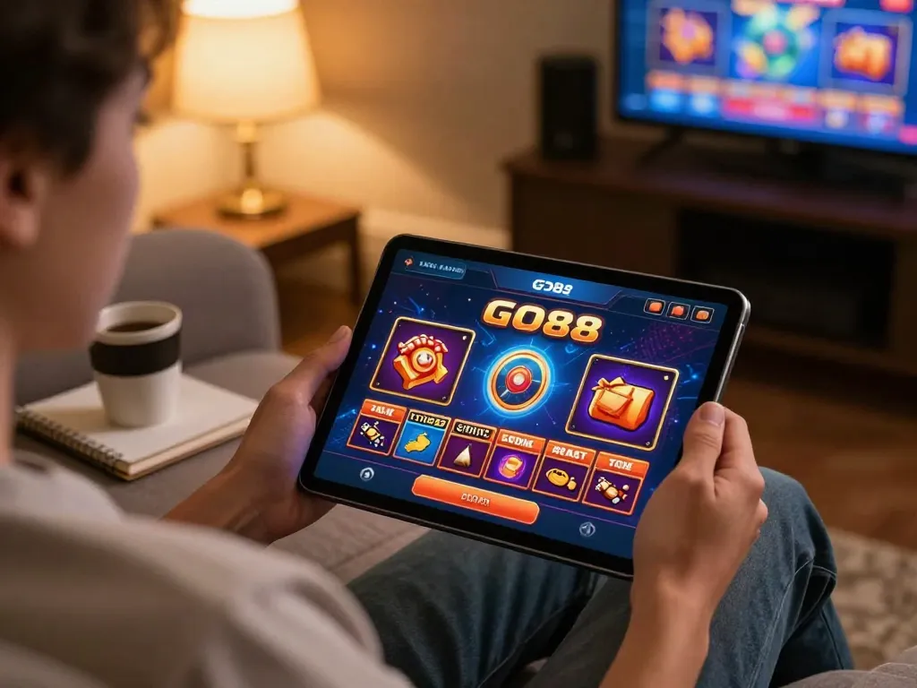 Engaging gaming experience on the GO88 app with colorful graphics on a tablet, showcasing online gambling.