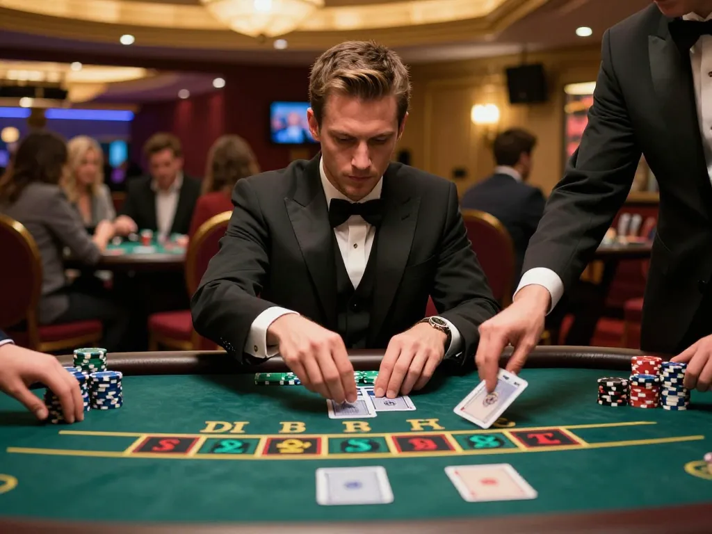 Player doubling down at a blackjack table in a go8 casino showcasing strategic gameplay and casino luxury.