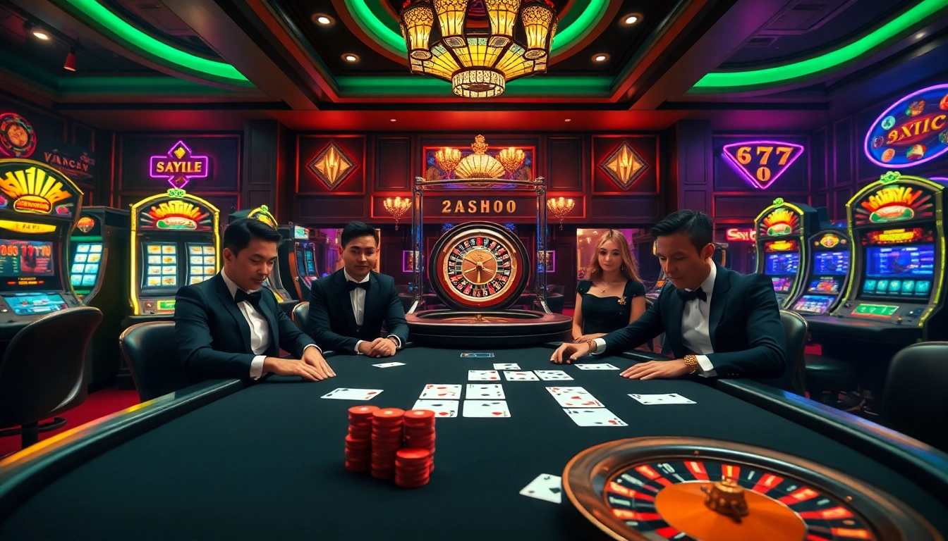 Discover the excitement of gambling at nhà cái xx88, featuring a vibrant poker table surrounded by dazzling casino elements.