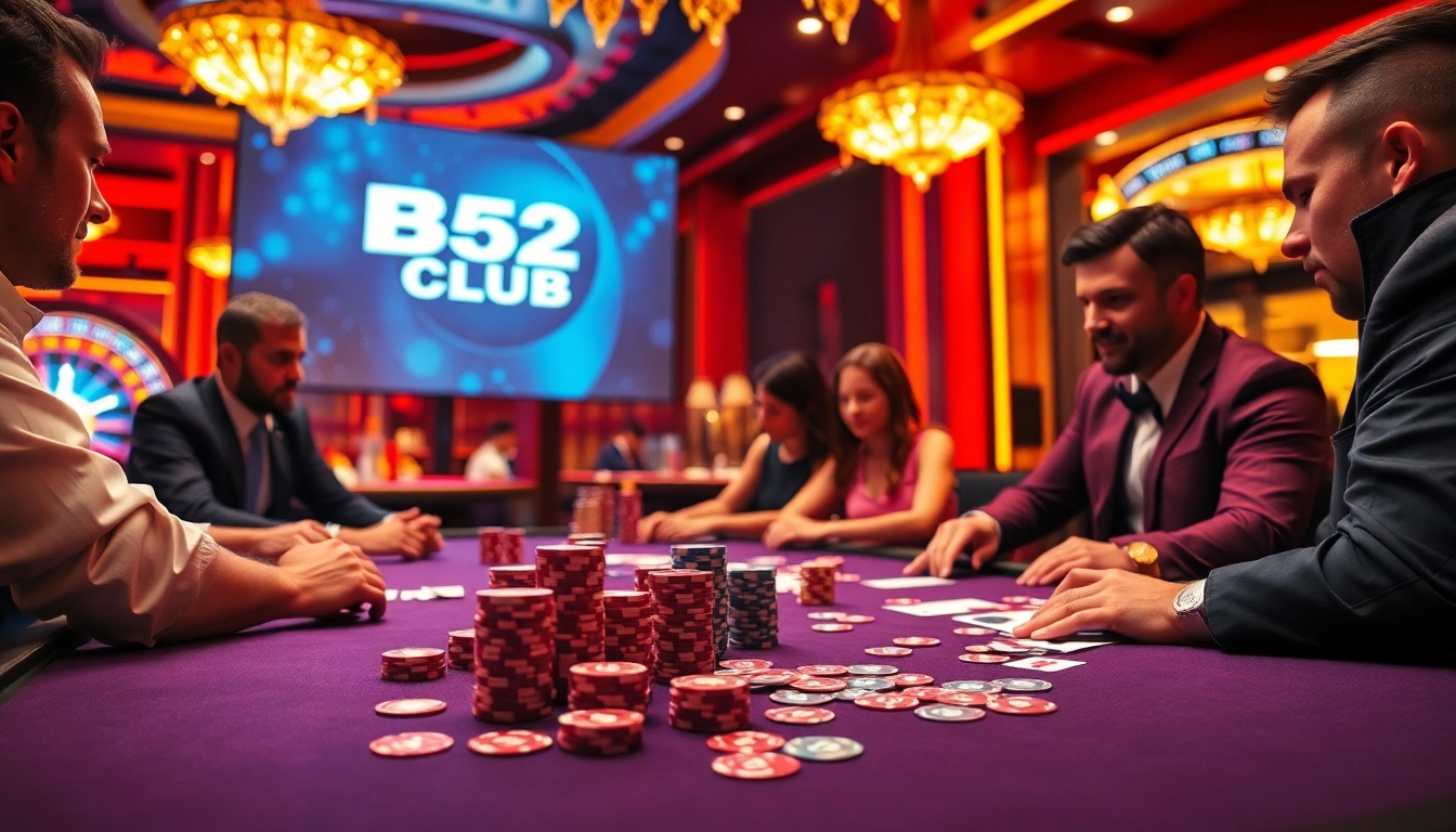 Players enjoying a thrilling game at B52 CLUB, showcasing poker chips, cards, and a roulette wheel.