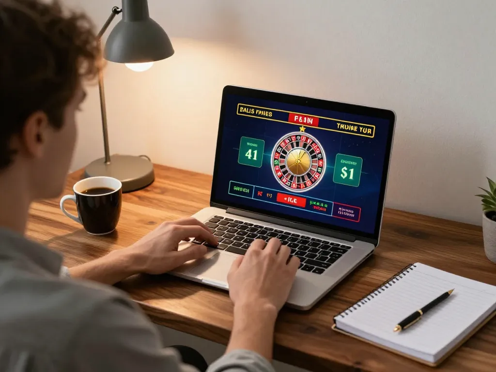 Experience online gaming with may88 on a laptop, showcasing live roulette gameplay in a stylish home office.
