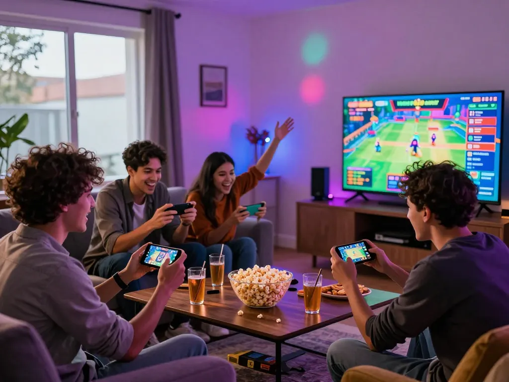 Friends enjoying dk7 slot games on mobile device during a lively game night