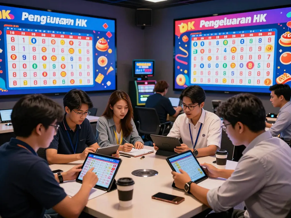 Pembeli taruhan yang bersemangat menganalisis hasil lotere Pengeluaran HK di pusat digital yang hidup.