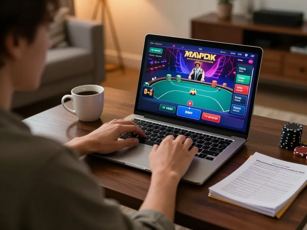 Player enjoying online poker at home with xo88 interface displayed on laptop, cozy atmosphere and warm light