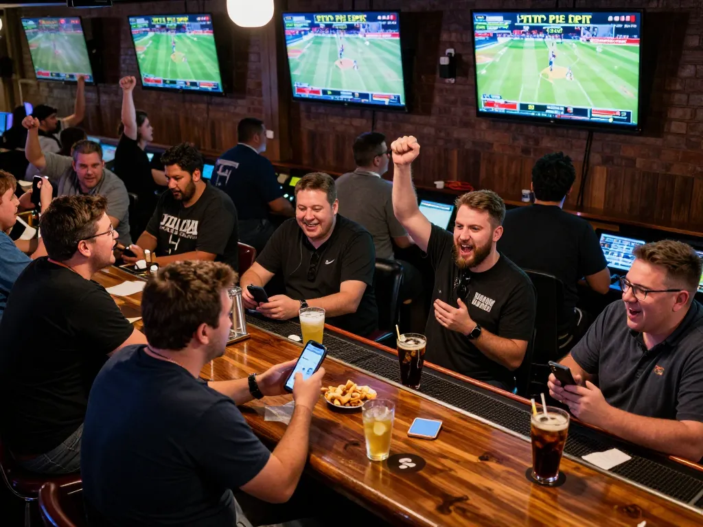 Excited patrons engaging in sports betting at Oxbet mobile platform during live games