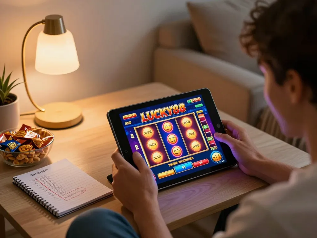 LUCKY88 online gaming experience with a player excitedly engaging in dynamic slot gameplay.