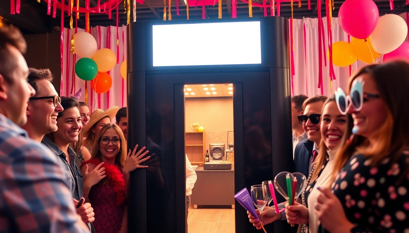 Guests enjoying a photo booth rental during a festive event with colorful decorations.