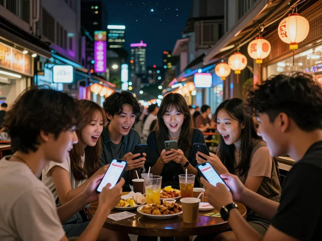 Sahabat memeriksa hasil Pengeluaran HK di smartphone selama malam kota yang ramai.