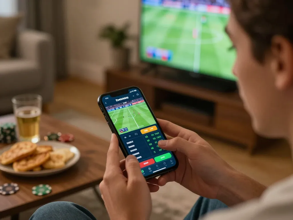 Engaged bettor using the xo88 app for live sports betting, showcasing exciting odds and match details