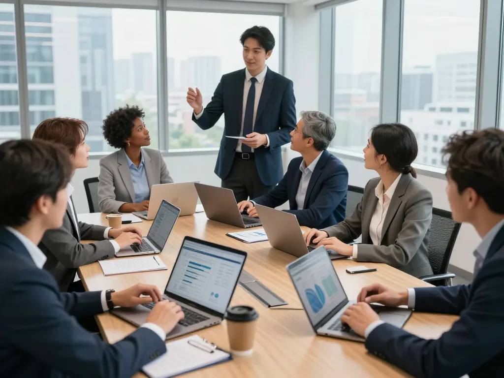 Active meeting in a modern conference room, showcasing teamwork among staffing agencies.