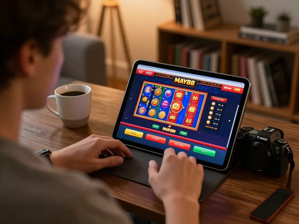 MAY88 player engaged in online betting with a tablet showcasing casino games in a cozy home setting.