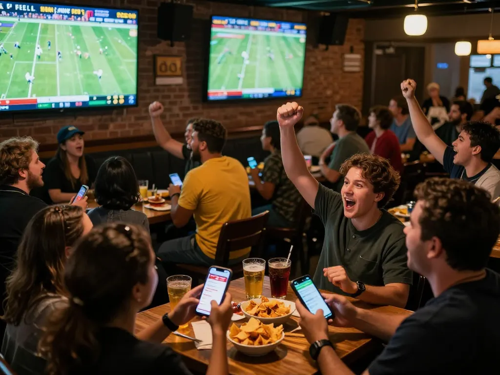 Fans engaging in sports betting with kèo nhà cái displayed on screens, vibrant bar atmosphere during live games.