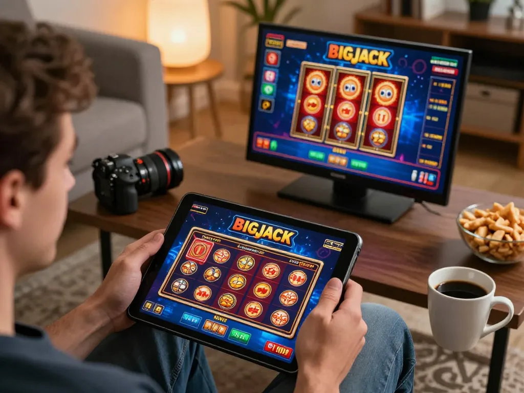 Experience engaging gameplay at BigJack Casino from home with a tablet, showcasing exciting slots and poker.