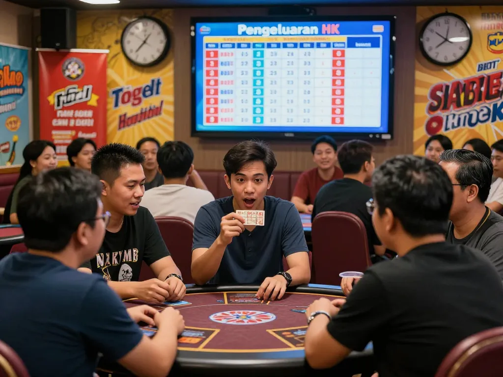 Pemain yang bersemangat memeriksa tiket mereka dengan hasil Pengeluaran HK di ruang perjudian yang energik.