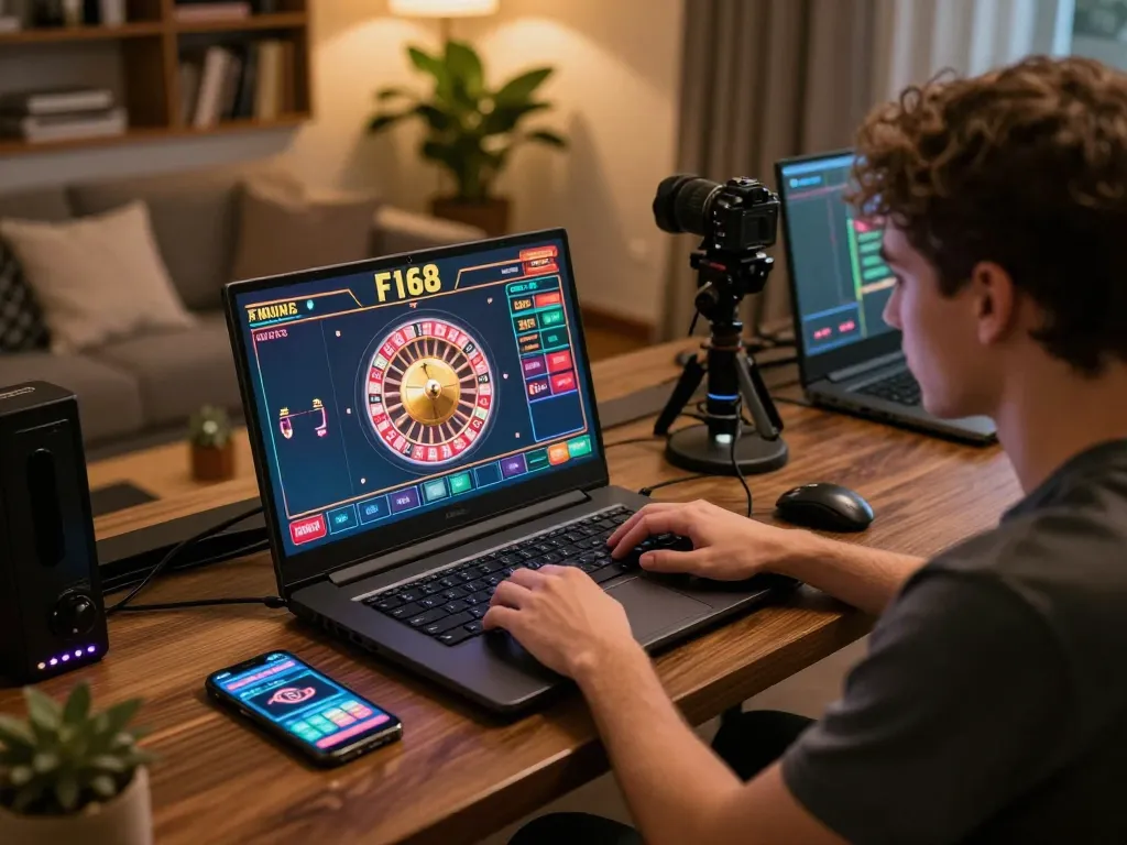 Player engaging with F168 online casino games in a cozy home setup, highlighting strategic gameplay