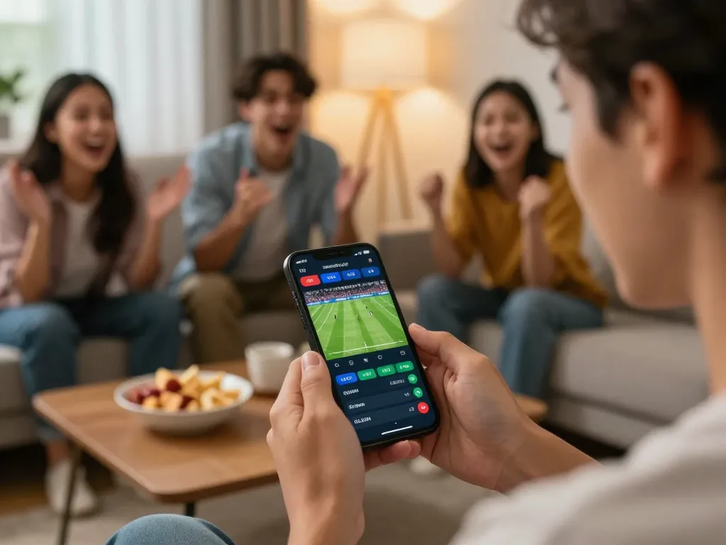 Person engaging in Tỷ Lệ Bóng Đá betting while friends cheer on a live match.