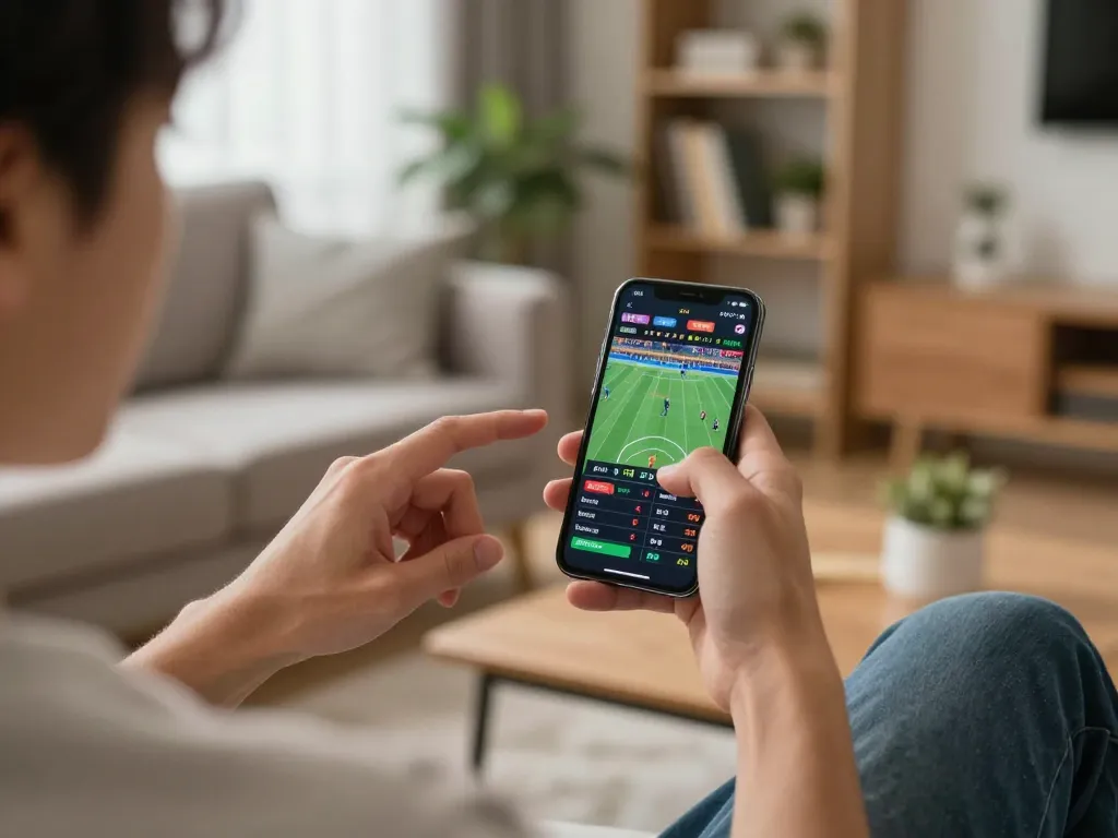 Person engaging in sports betting on smartphone, showcasing Nhà cái ko66 in a cozy home environment