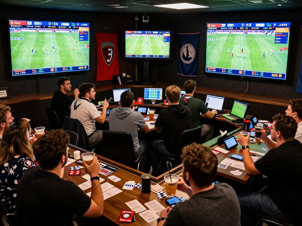 Tỷ Lệ Bóng Đá displayed on screens during a lively sports betting event with fans engaged and cheering