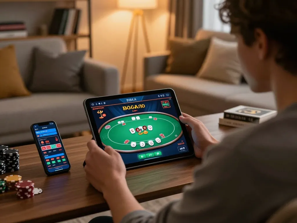 Engage in strategic gameplay on xo88 with a tablet showing poker game in a stylish home setting.