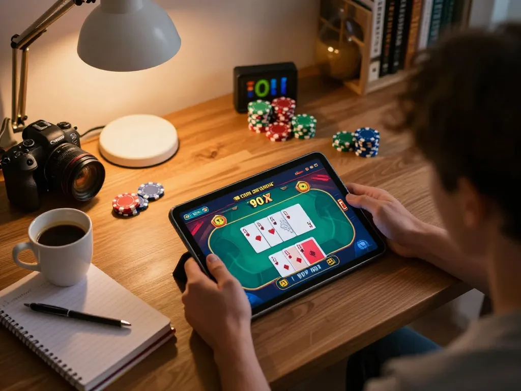 Engaging online poker gameplay on tablet in cozy home setting with 789win.