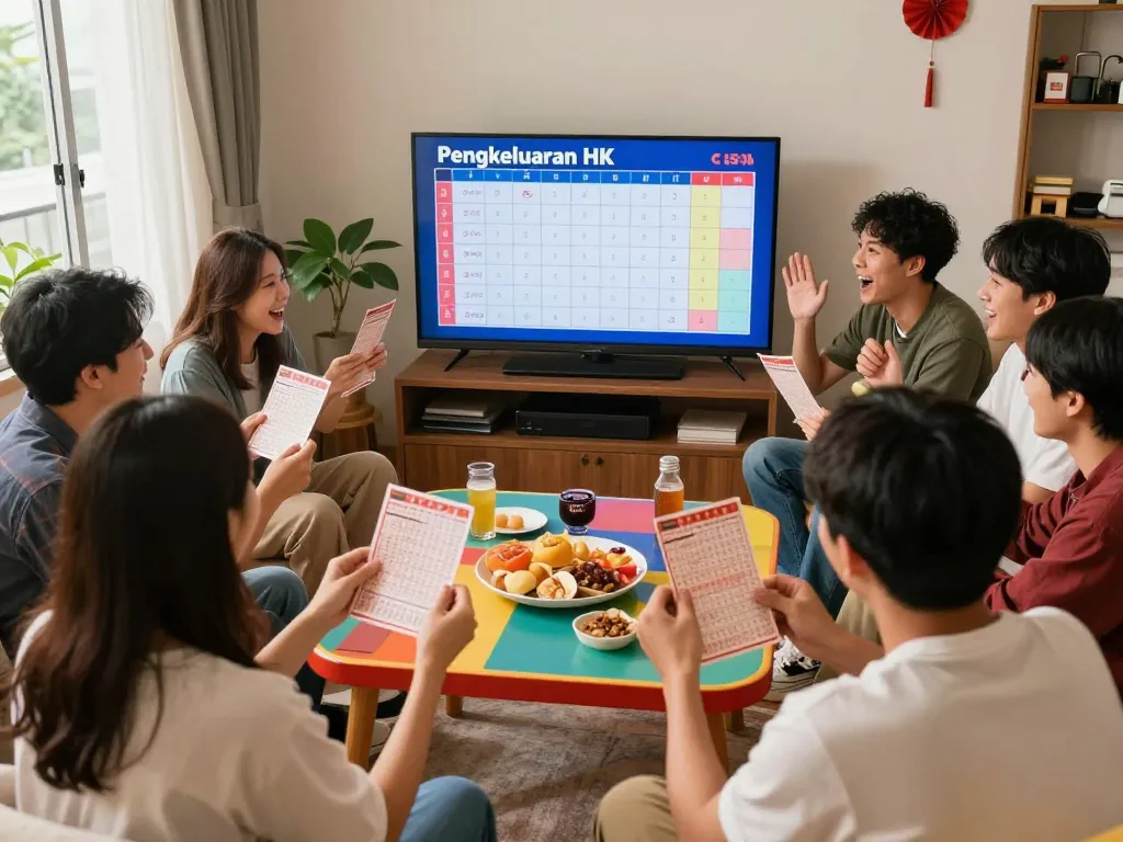 Pemain yang bersemangat memeriksa hasil lotere Pengeluaran HK di ruang tamu yang nyaman.