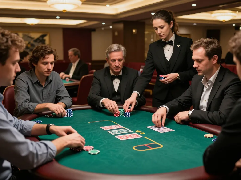 Players strategizing at a high-stakes poker table in a sunwin casino, showcasing an intense gameplay atmosphere.