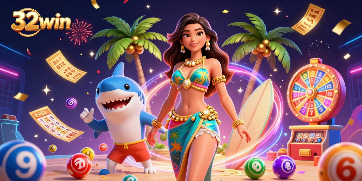 Experience the excitement of 32win with lottery balls, vibrant prizes, and a fun beach casino theme.