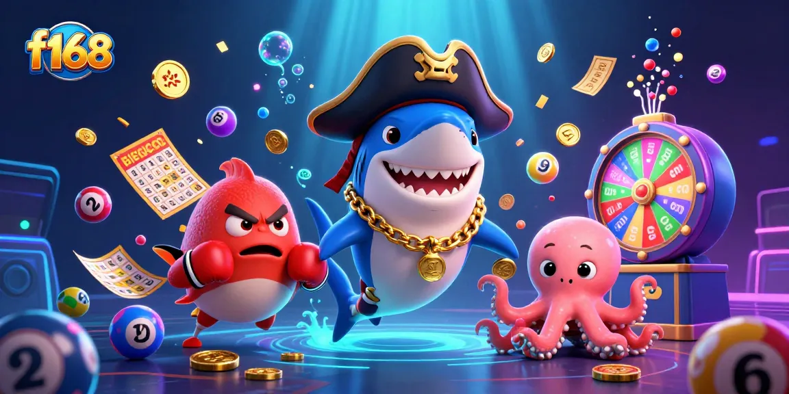 Experience vibrant gaming with f168, featuring a pirate shark, pufferfish, and octopus amidst lottery excitement.