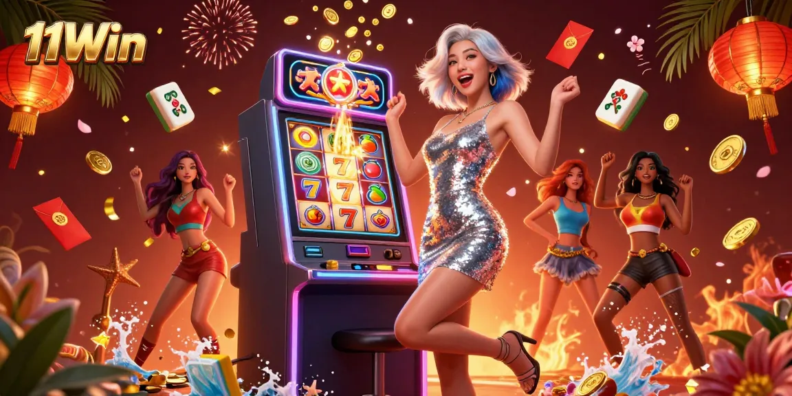 Play the exciting 11Win slots with vibrant characters and rich casino elements, celebrating wins dynamically.