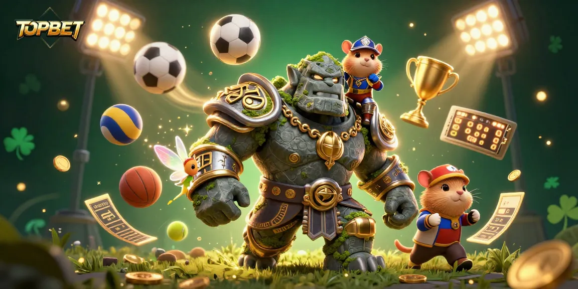 Engage in thrilling sports betting with TOPBET, featuring dynamic golem and magical elements.